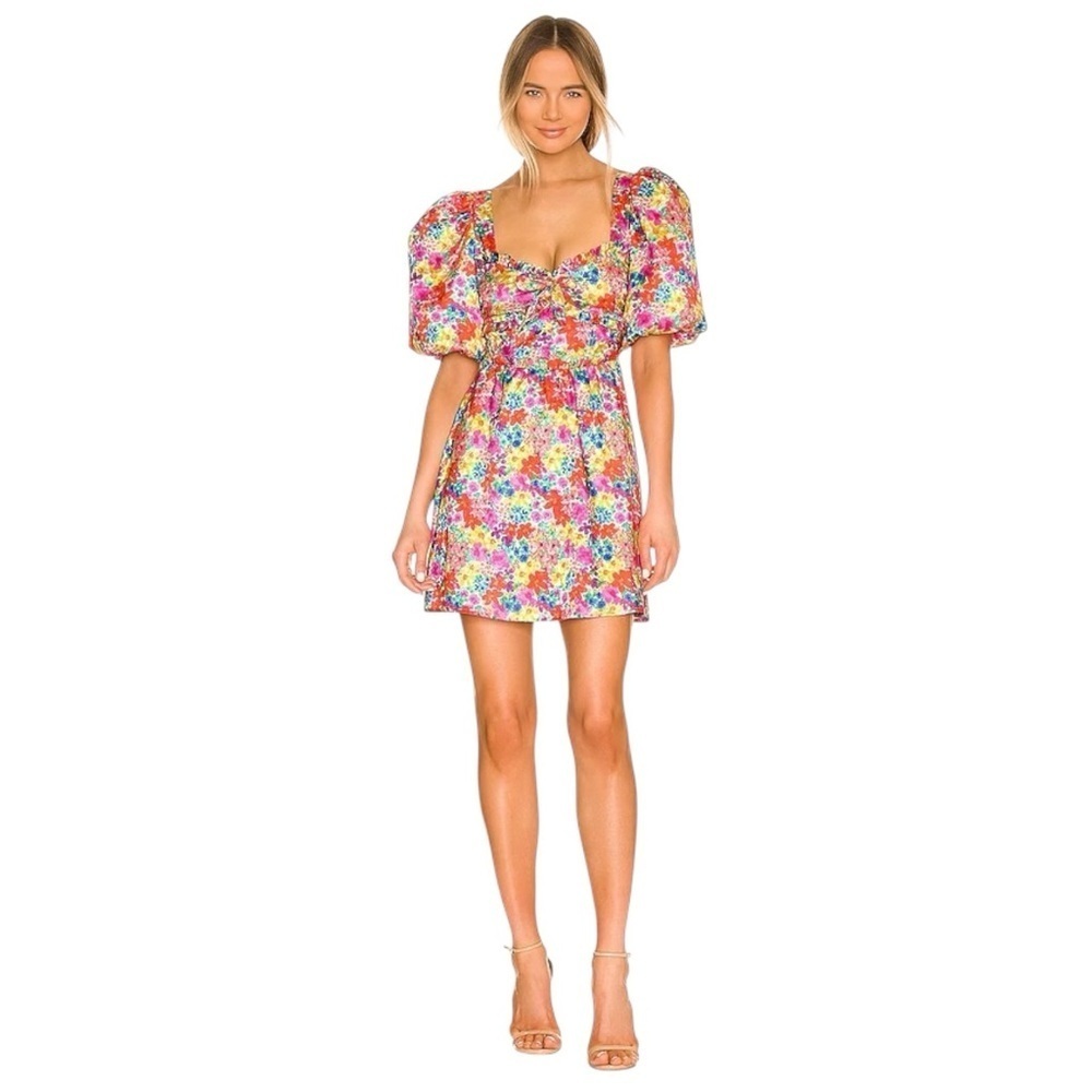 For Love & Lemons Vibrant Floral Merrill Puff Sleeve Mini Dress Womens L